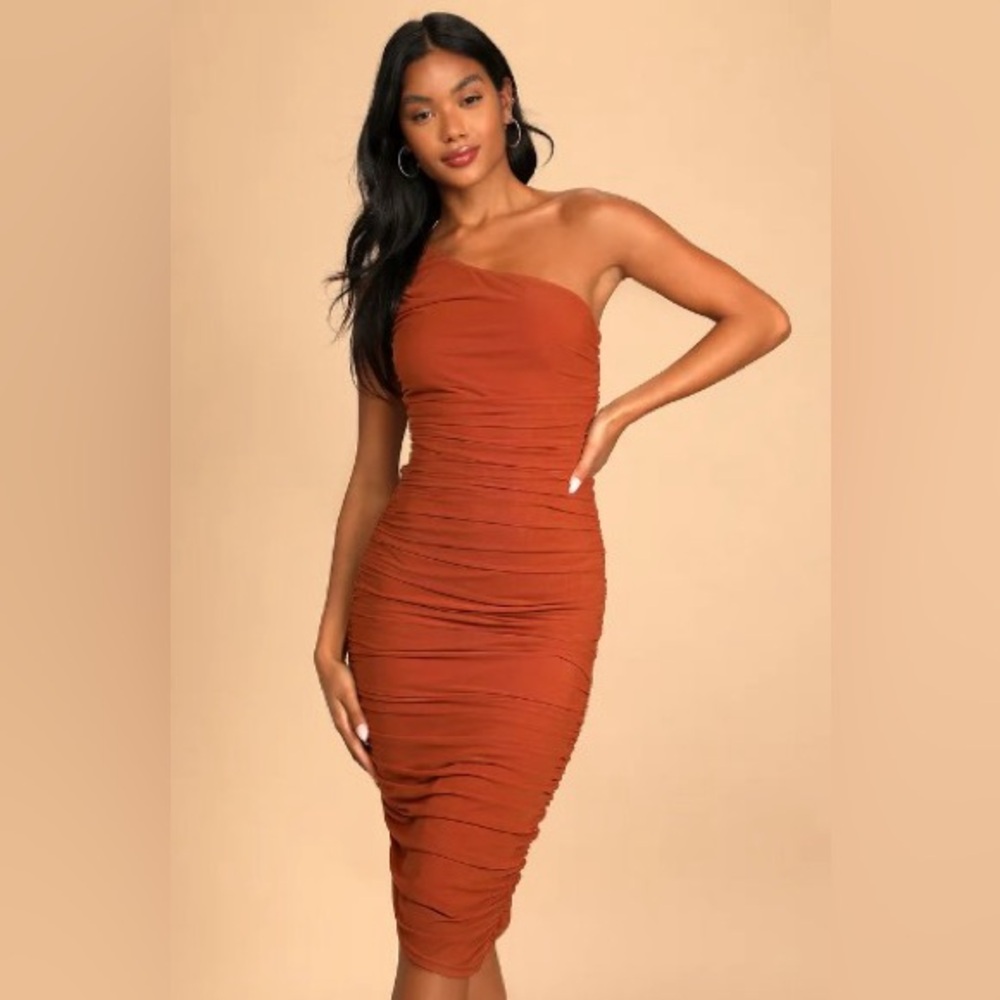 Lulus Rust Brown/Burnt Orange Ruched One-Shoulder Bodycon Dress Size M